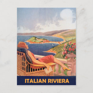 Italian riviera, woman on hotel terrace, vintage postcard