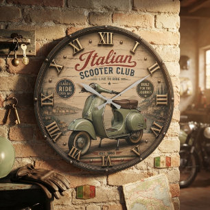 Italian Scooter Club Vintage Vespa Style Scooter  Large Clock