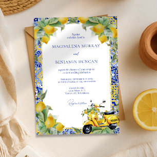 Italian Scooter Lemons and Blue Tiles Wedding Invitation