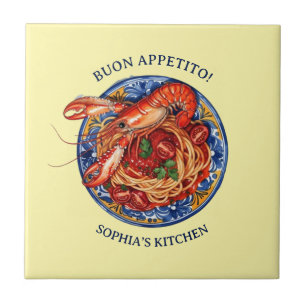 Italian Seafood Lobster Pasta, Sicilian Maiolica Ceramic Tile