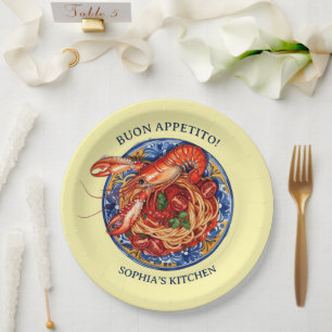 Italian Seafood Lobster Pasta, Sicilian Maiolica Paper Plate