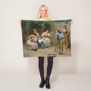 Italian Seamstress Women and a Boy Enjoying Gossip Fleece Blanket