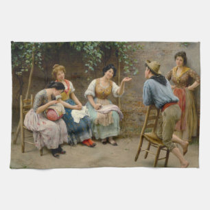 Italian Seamstresses and a Boy Having a Good Chat Tea Towel