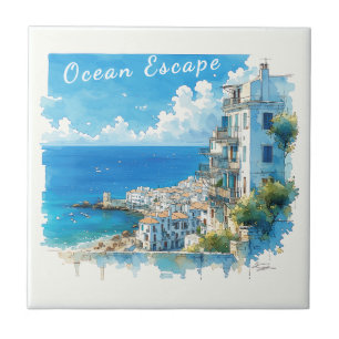Italian Seaside Town Watercolor Ocean Escape Ceramic Tile