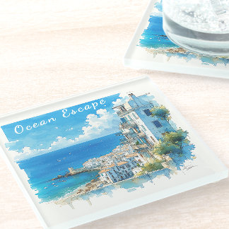 Italian Seaside Town Watercolor Ocean Escape Glass Coaster