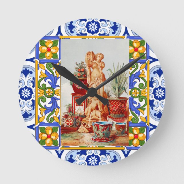 Italian,Sicilian art,maiolica,tiles,baroque art  Round Clock (Front)
