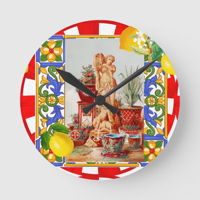 Italian,Sicilian art,maiolica,tiles,baroque art Round Clock (Front)