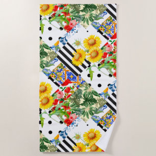 Italian,Sicilian art,patchwork,summer Flowers     Beach Towel