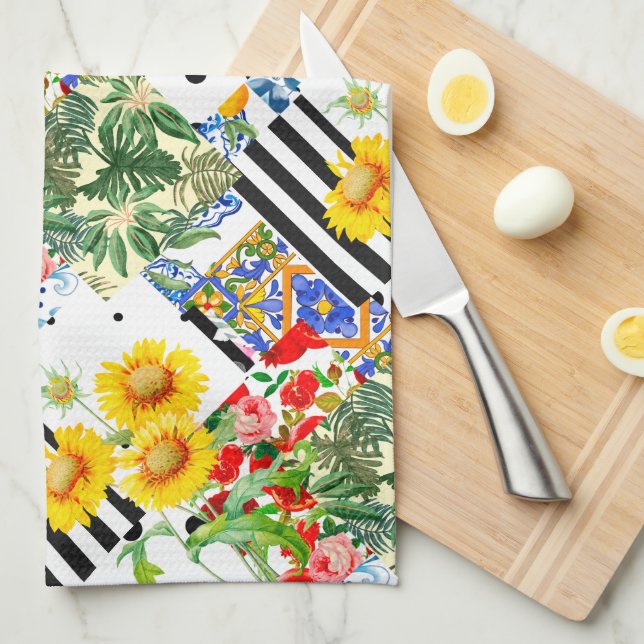 Italian,Sicilian art,patchwork,summer Flowers    Tea Towel (Quarter Fold)