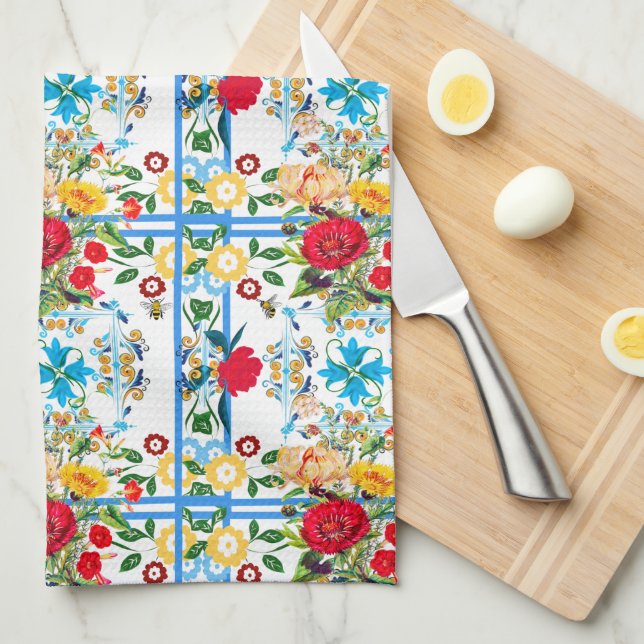 Italian,Sicilian,floral,majolica pattern     Tea Towel (Quarter Fold)