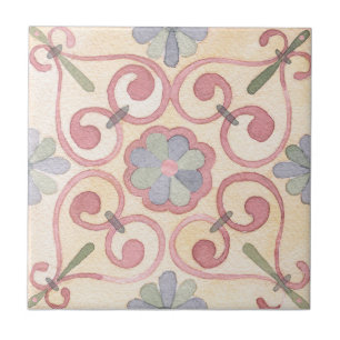 Italian Spanish Majolica Mediterranean Floral Pink Ceramic Tile