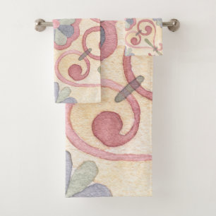 Italian Spanish Majolica Pink Floral Watercolor Bath Towel Set