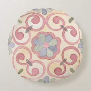 Italian Spanish Majolica Pink Floral Watercolor  Round Cushion