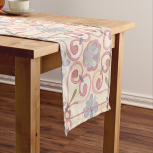 Italian Spanish Majolica Pink Floral Watercolor Short Table Runner