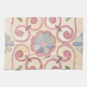 Italian Spanish Majolica Pink Floral Watercolor Tea Towel