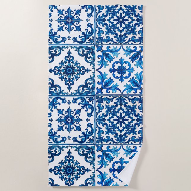 Italian style,Mediterranean,mosaic,blue, Beach Towel (Front)