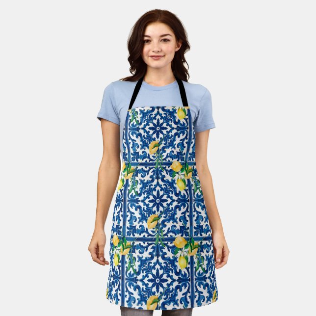 Italian style,Mediterranean,mosaic,blue,lemon, Apron (Worn)