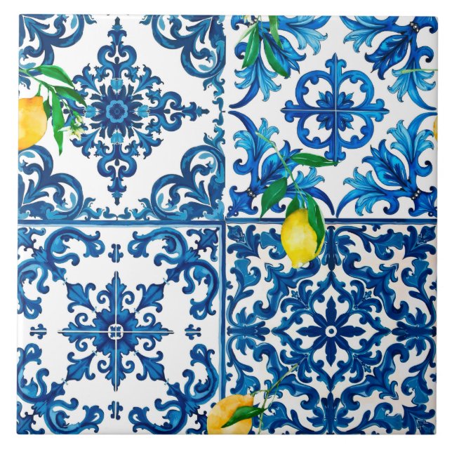 Italian style,Mediterranean,mosaic,blue,lemon, Ceramic Tile (Front)
