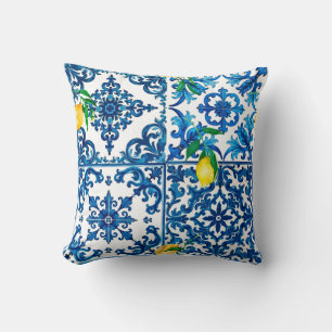 Italian style,Mediterranean,mosaic,blue,lemon, Cushion