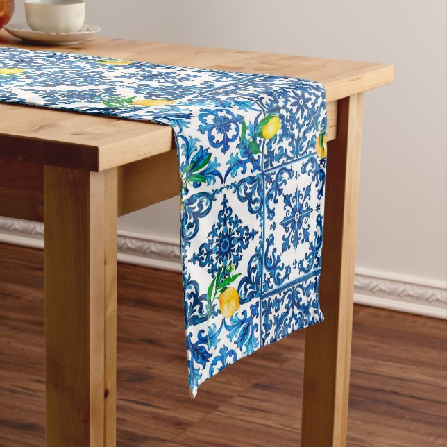 Italian style,Mediterranean,mosaic,blue,lemon, Medium Table Runner (In Situ)