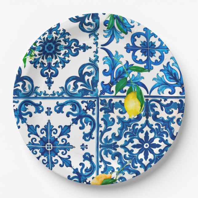 Italian style,Mediterranean,mosaic,blue,lemon, Paper Plate (Front)