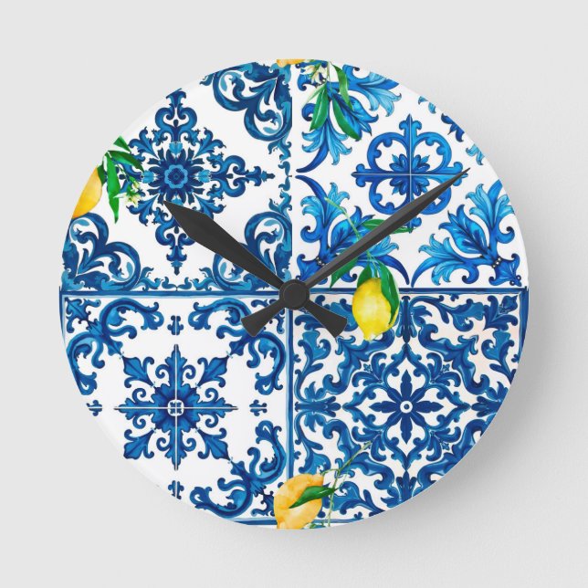Italian style,Mediterranean,mosaic,blue,lemon, Round Clock (Front)