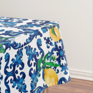 Italian style,Mediterranean,mosaic,blue,lemon, Tablecloth