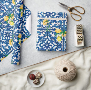 Italian style,Mediterranean,mosaic,blue,lemon, Wrapping Paper