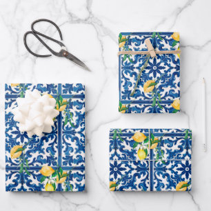 Italian style,Mediterranean,mosaic,blue,lemon, Wrapping Paper Sheet