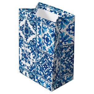 Italian style,Mediterranean,mosaic,blue, Medium Gift Bag