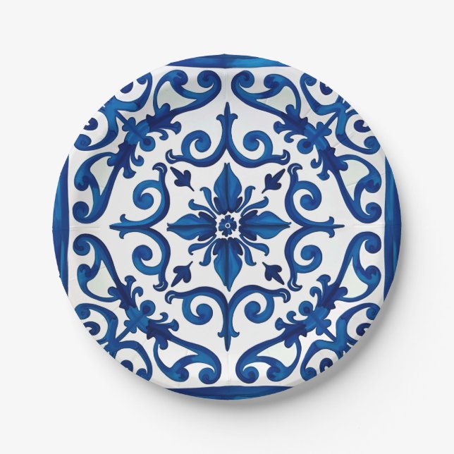 Italian style,Mediterranean,mosaic,blue, Paper Plate (Front)