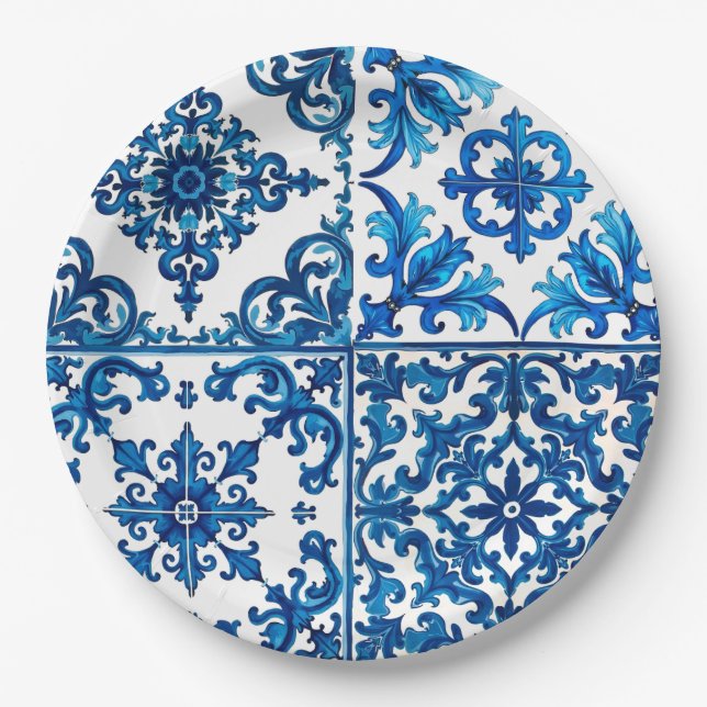 Italian style,Mediterranean,mosaic,blue, Paper Plate (Front)