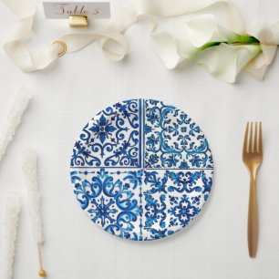 Italian style,Mediterranean,mosaic,blue, Paper Plate
