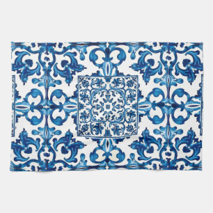 Italian style,Mediterranean,mosaic,blue, Tea Towel