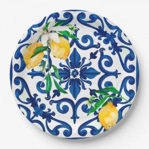 Italian style,mosaic,blue,lemon, paper plate