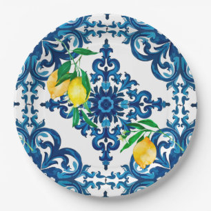 Italian style,mosaic,blue,lemon, paper plate