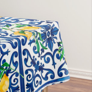 Italian style,mosaic,blue,lemon, tablecloth