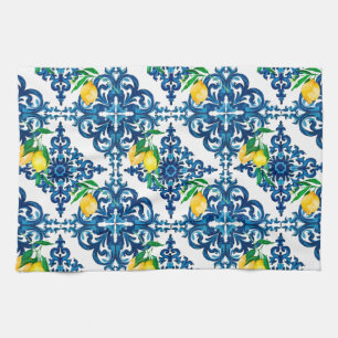 Italian style,mosaic,blue,lemon, tea towel