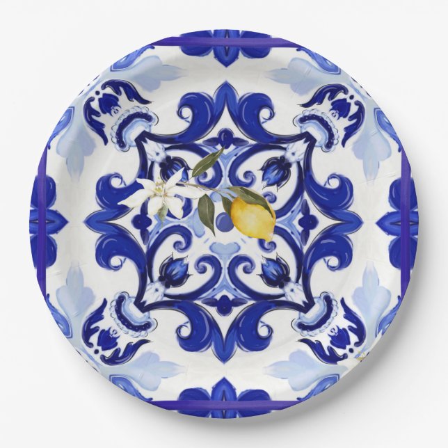 Italian style,tiles,majolica,lemon ,All-Over Print Paper Plate (Front)