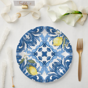 Italian style,tiles,majolica,lemon ,All-Over Print Paper Plate