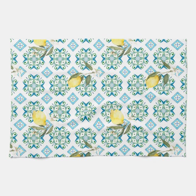 Italian style,tiles,majolica,lemon ,All-Over Print Tea Towel (Horizontal)