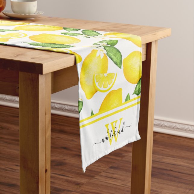 Italian Summer Citrus Botanical Lemon Monogram Long Table Runner (In Situ)