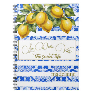 Italian Summer Lemon Botanical Blue TileStripe Notebook
