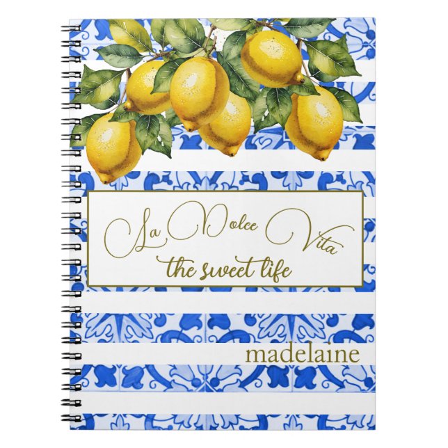 Italian Summer Lemon Botanical Blue TileStripe  Notebook (Front)