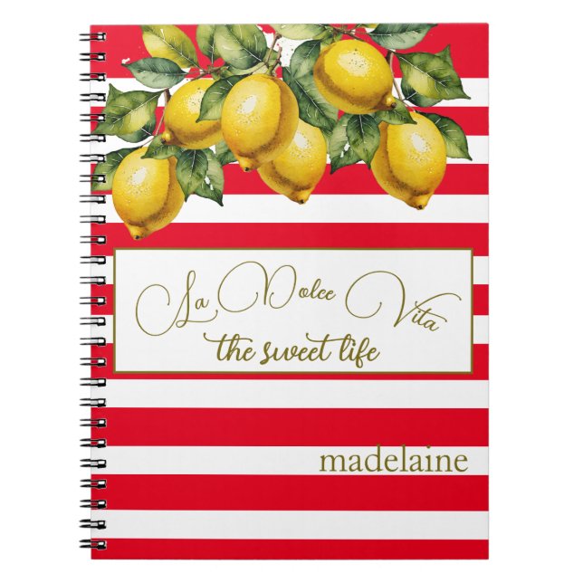 Italian Summer Lemon Botanical Red White Stripe  Notebook (Front)