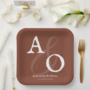 Italian Sunset Orange Minimalist Monogram Wedding Paper Plate