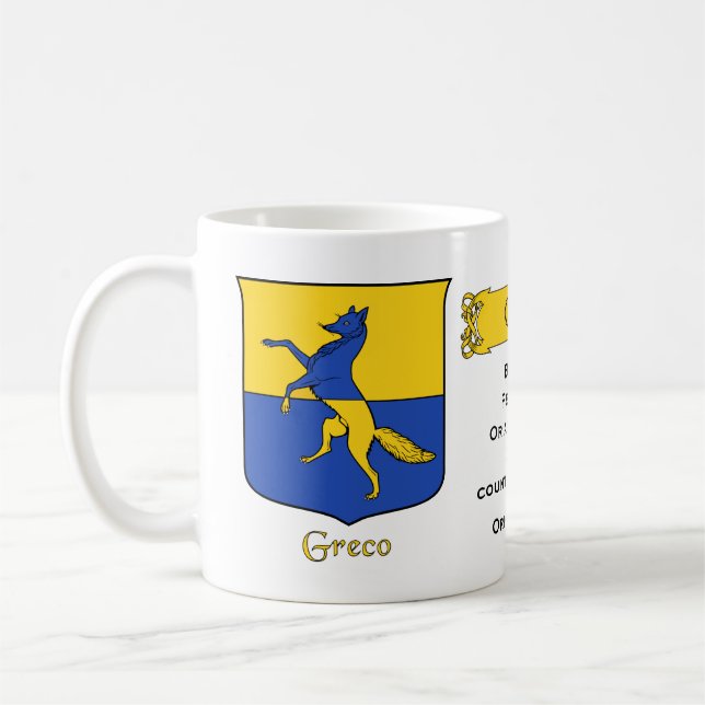 Italian Surname Greco Heraldic Shield and Blazon Coffee Mug (Left)