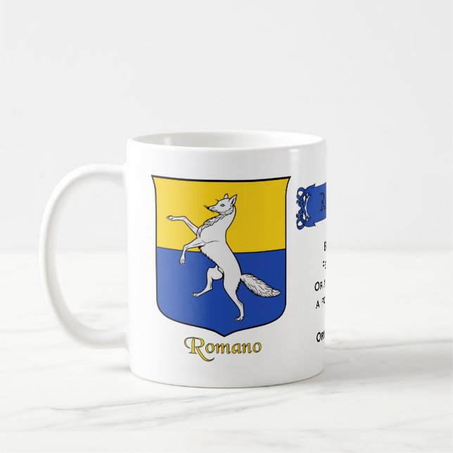Italian Surname Romano Heraldic Shield and Blazon Coffee Mug (Left)