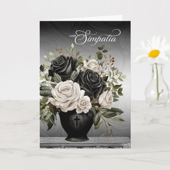Italian Sympathy Vase of Black and White Roses Card (Small Plant)