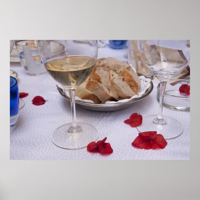 Italian Table: Bread, Wine and Bougainvillea Petal Poster (Front)